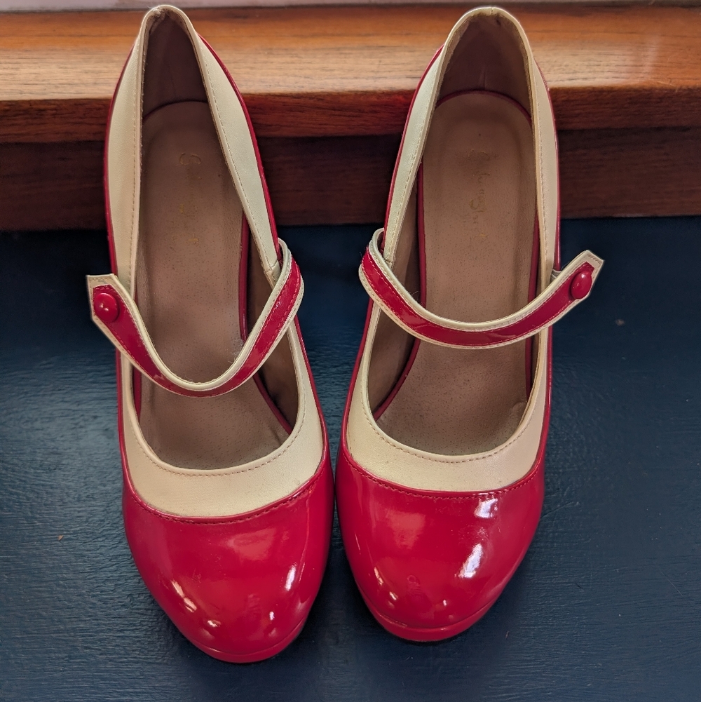 Red and Cream Mary Jane Heels - Women's Classic Patent Pumps